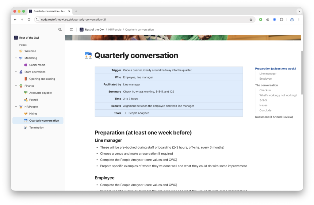 Screenshot highlighting a core process within the Coda platform. It shows navigation down the side of the page, quick glance information about the process at the top, a table of contents, and the process itself as a bulleted list.