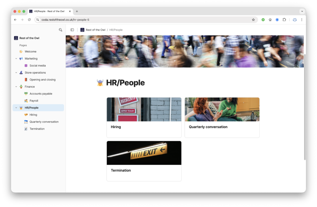 A view of the HR/People category, linking to the sub pages within
